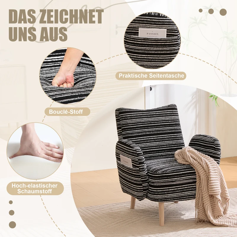 Fauteuil vintage en tissu bouclé rayures noir et blanc EMBERRO