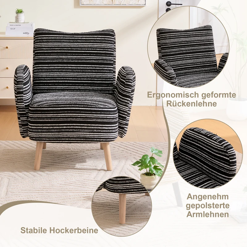 Fauteuil vintage en tissu bouclé rayures noir et blanc EMBERRO