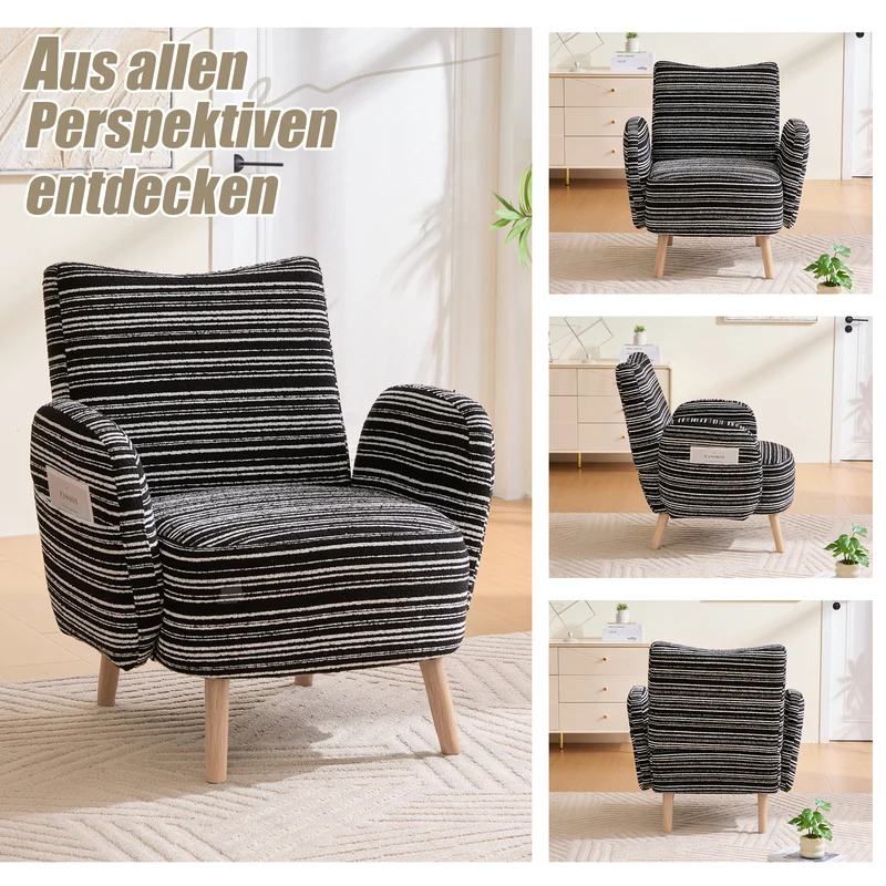 Fauteuil vintage en tissu bouclé rayures noir et blanc EMBERRO