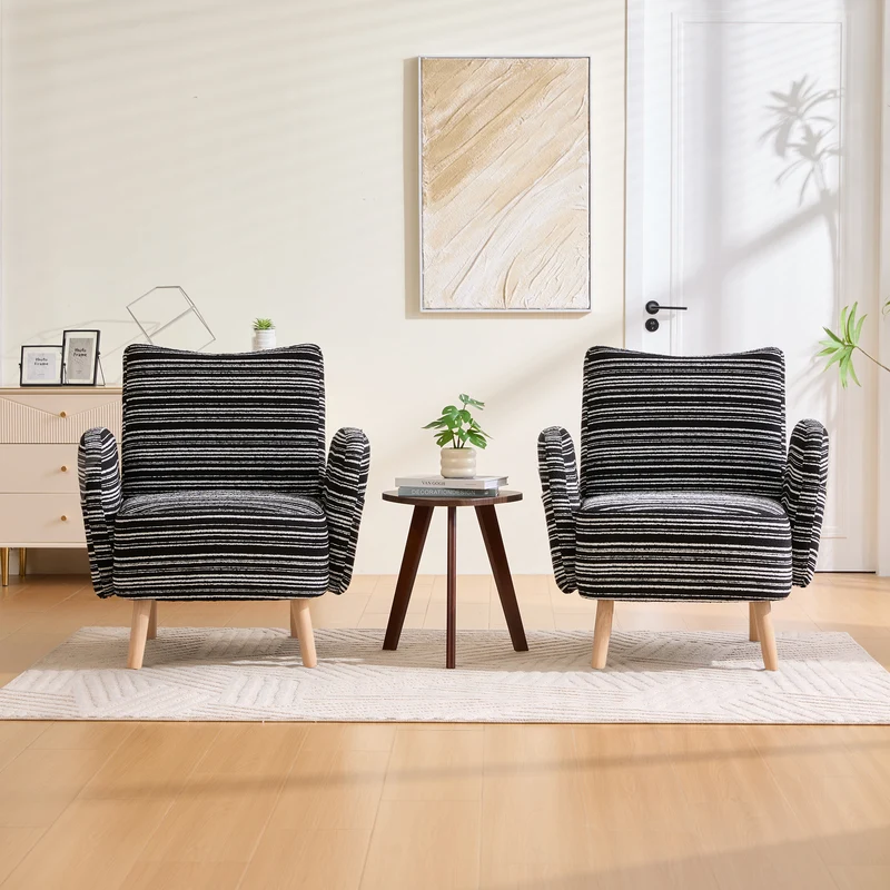 Fauteuil vintage en tissu bouclé rayures noir et blanc EMBERRO