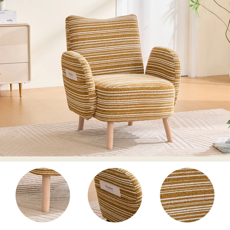 Fauteuil vintage en tissu bouclé rayures jaune moutarde et blanc EMBERELL