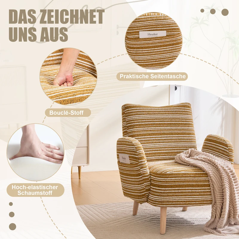 Fauteuil vintage en tissu bouclé rayures jaune moutarde et blanc EMBERELL