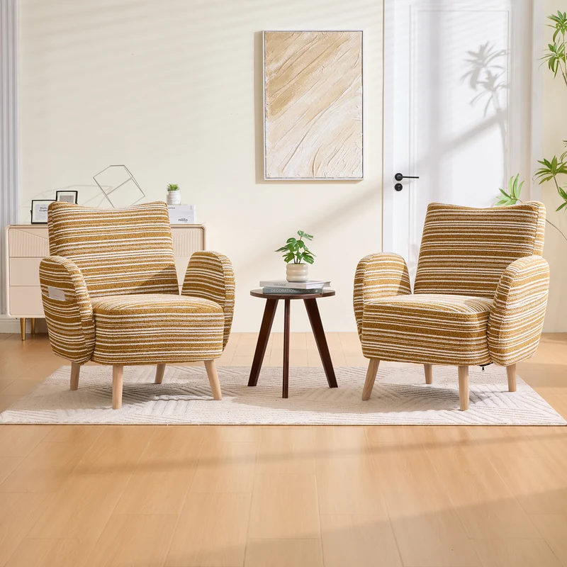 Fauteuil vintage en tissu bouclé rayures jaune moutarde et blanc EMBERELL