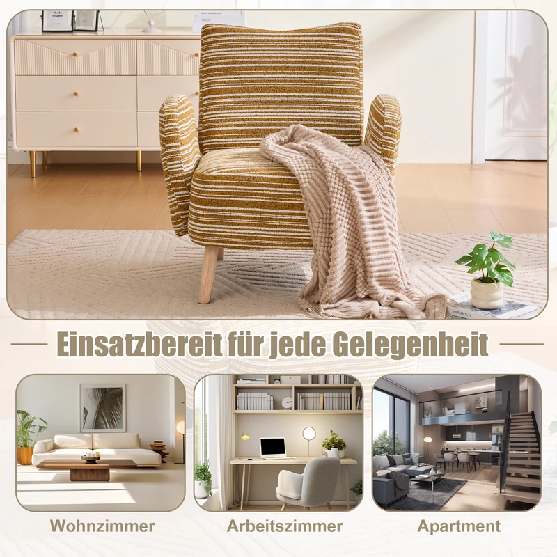Fauteuil vintage en tissu bouclé rayures jaune moutarde et blanc EMBERELL