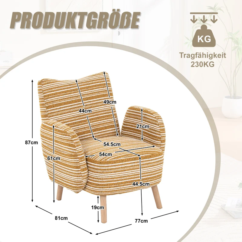 Fauteuil vintage en tissu bouclé rayures jaune moutarde et blanc EMBERELL