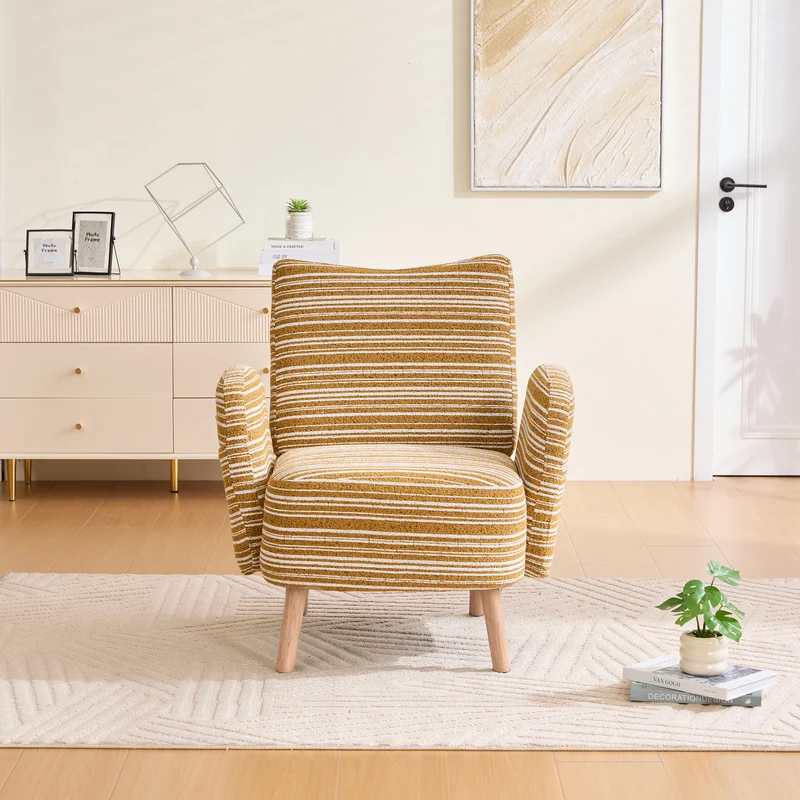 Fauteuil vintage en tissu bouclé rayures jaune moutarde et blanc EMBERELL