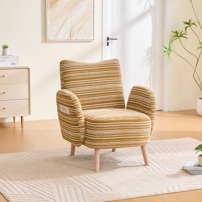 Fauteuil vintage en tissu bouclé rayures jaune moutarde et blanc EMBERELL