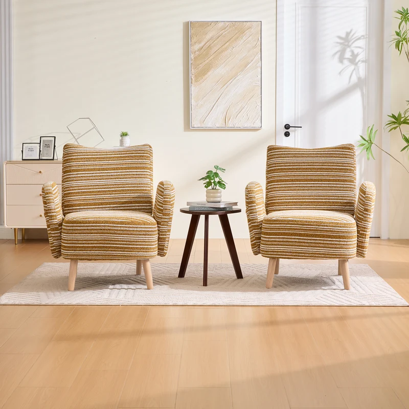 Fauteuil vintage en tissu bouclé rayures jaune moutarde et blanc EMBERELL