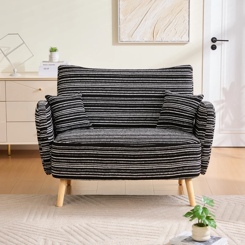 Canapé 2 places en bouclette rayures noir et blanc et coussins 121x81,5x87cm LATTICEIC