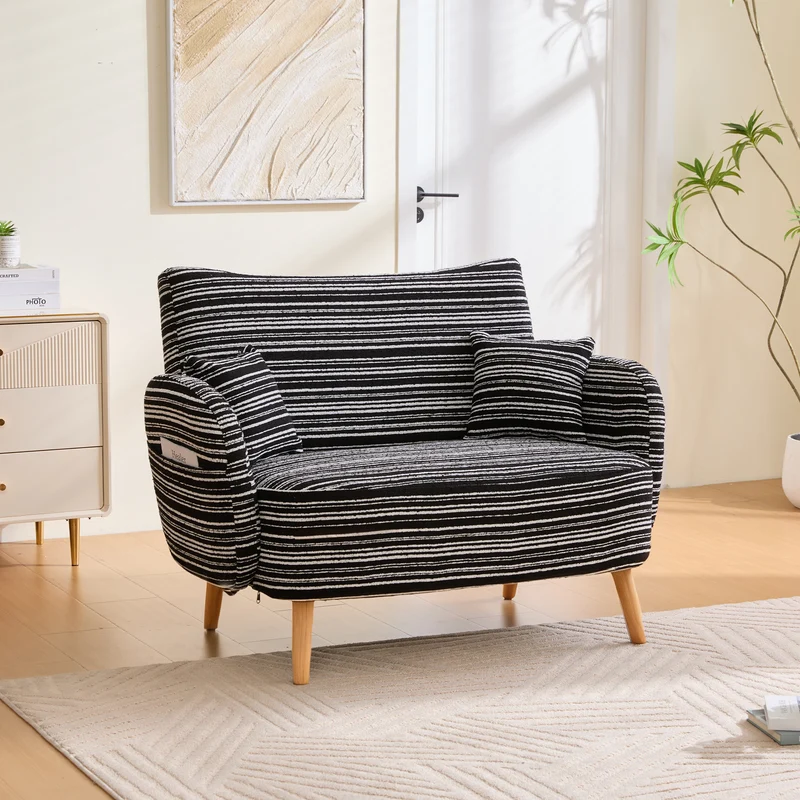 Canapé 2 places en bouclette rayures noir et blanc et coussins 121x81,5x87cm LATTICEIC
