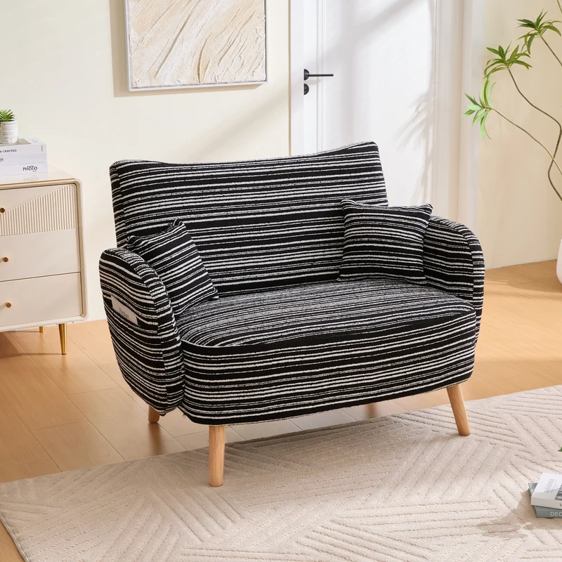 Canapé 2 places en bouclette rayures noir et blanc et coussins 121x81,5x87cm LATTICEIC