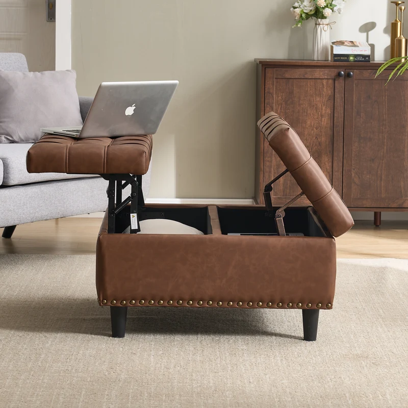 Pouf carré capitonné rangement en similicuir marron avec plateau relevable 75 x 75 x 41 cm CLARITYERA