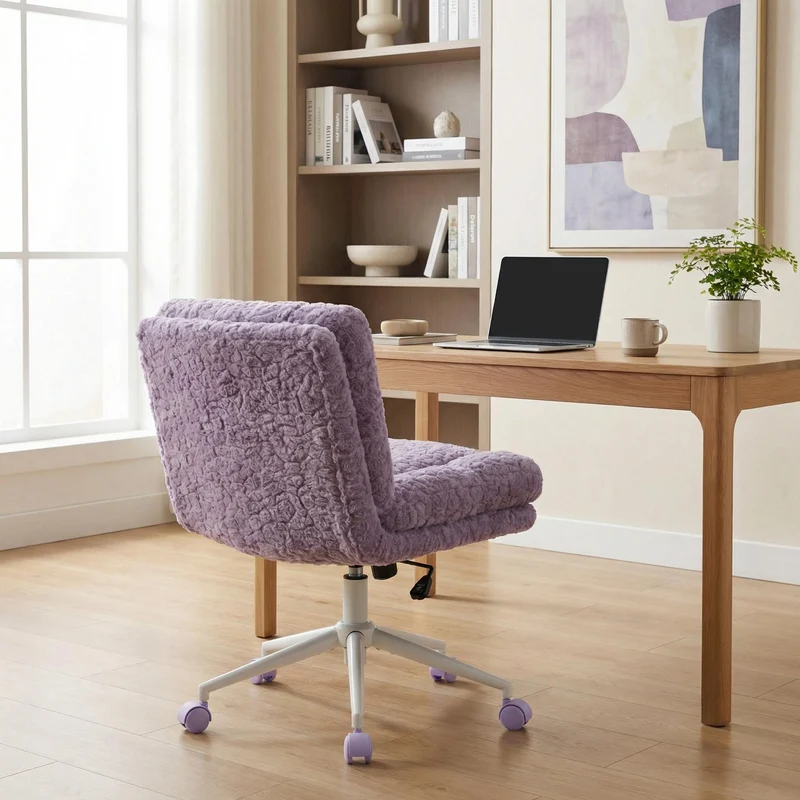 Chaise de bureau large fausse fourrure violette, pivotante et réglable, style cosy ETHEREALENO