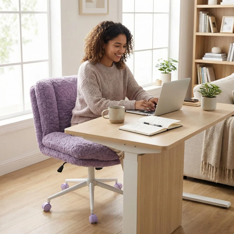 Chaise de bureau large fausse fourrure violette, pivotante et réglable, style cosy ETHEREALENO