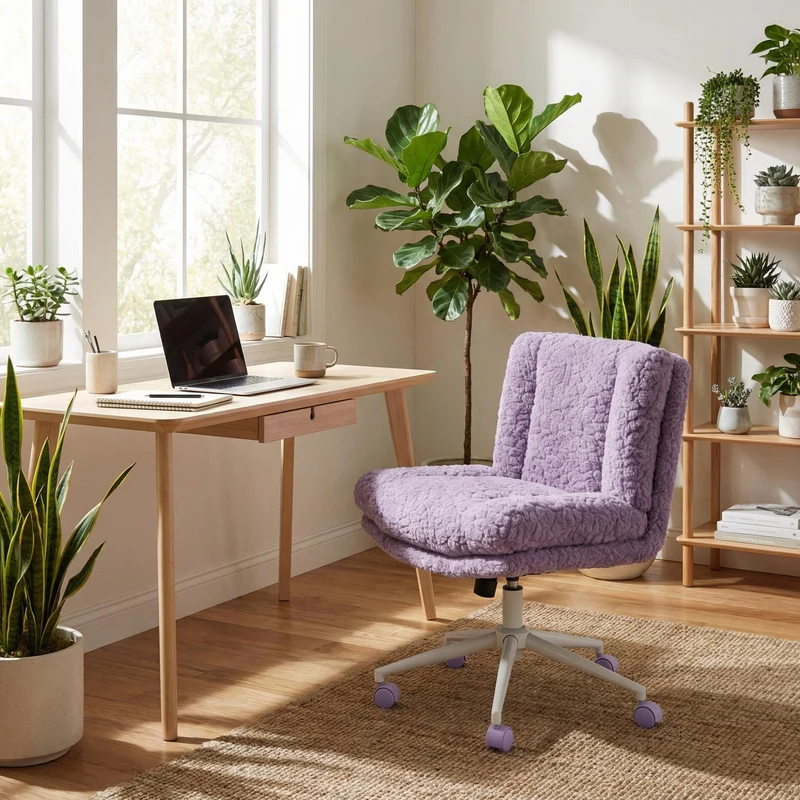 Chaise de bureau large fausse fourrure violette, pivotante et réglable, style cosy ETHEREALENO