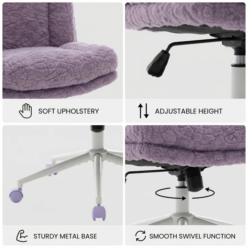 Chaise de bureau large fausse fourrure violette, pivotante et réglable, style cosy ETHEREALENO