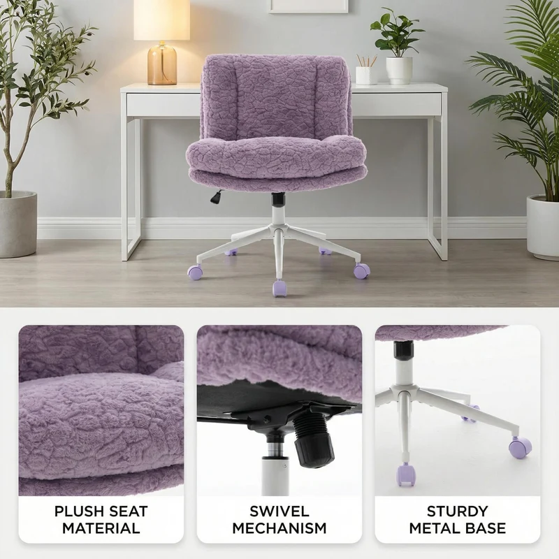 Chaise de bureau large fausse fourrure violette, pivotante et réglable, style cosy ETHEREALENO