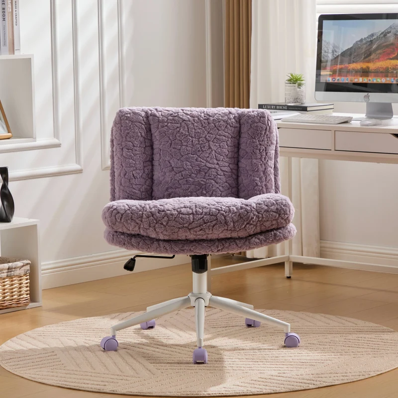 Chaise de bureau large fausse fourrure violette, pivotante et réglable, style cosy ETHEREALENO
