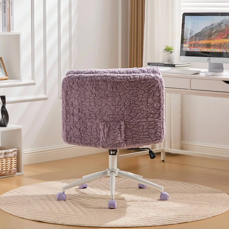 Chaise de bureau large fausse fourrure violette, pivotante et réglable, style cosy ETHEREALENO