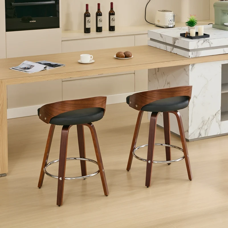Lot de 2 tabourets de bar style vintage PU noir, dossier arrondi, pivotant et repose pied, 63 cm PINNACLEESIA