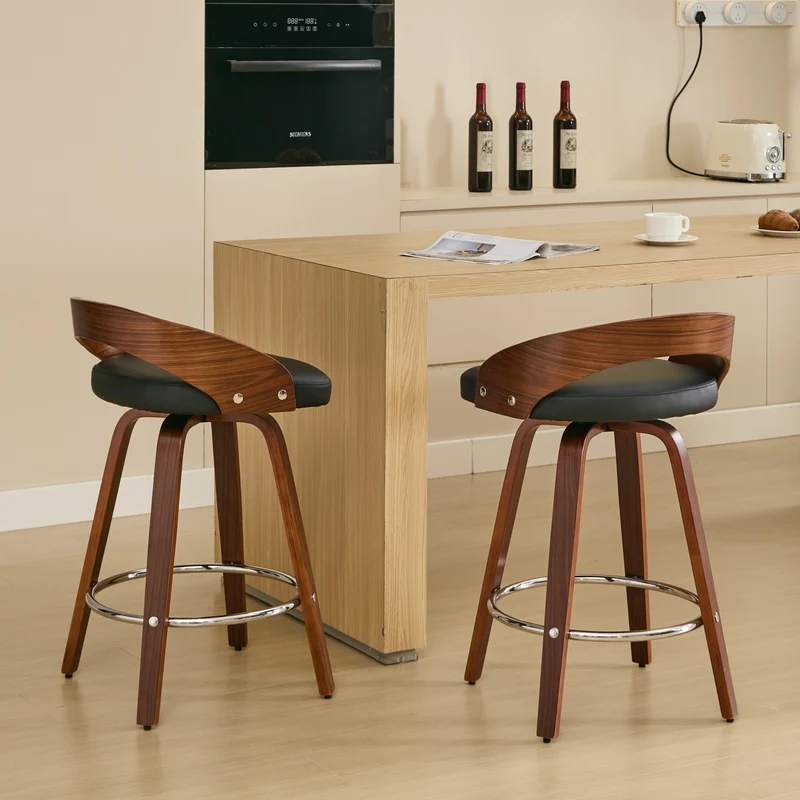Lot de 2 tabourets de bar style vintage PU noir, dossier arrondi, pivotant et repose pied, 63 cm PINNACLEESIA