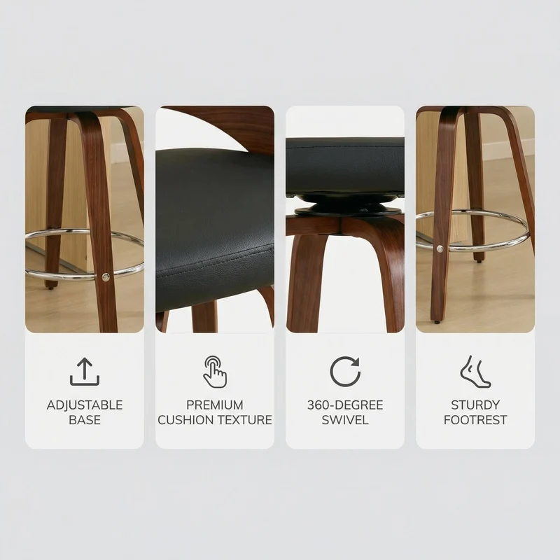 Lot de 2 tabourets de bar style vintage PU noir, dossier arrondi, pivotant et repose pied, 63 cm PINNACLEESIA