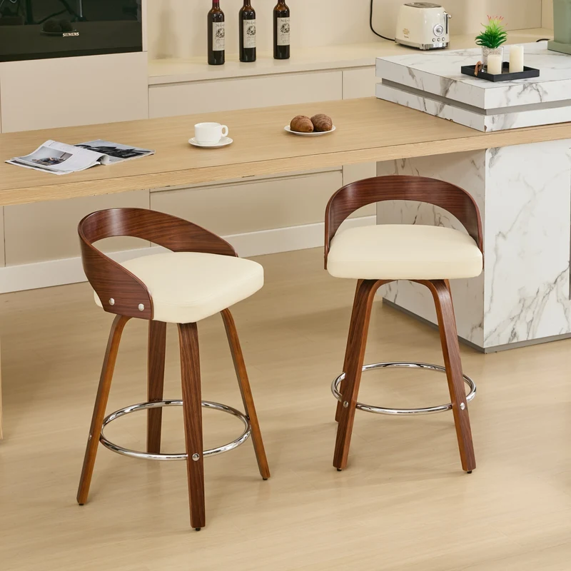 Lot de 2 tabourets de bar style vintage PU blanc crème, dossier arrondi, pivotant et repose pied H63cm QUANTAIV