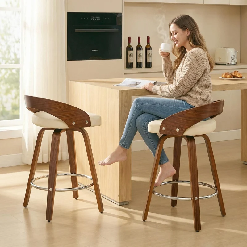 Lot de 2 tabourets de bar style vintage PU blanc crème, dossier arrondi, pivotant et repose pied H63cm QUANTAIV