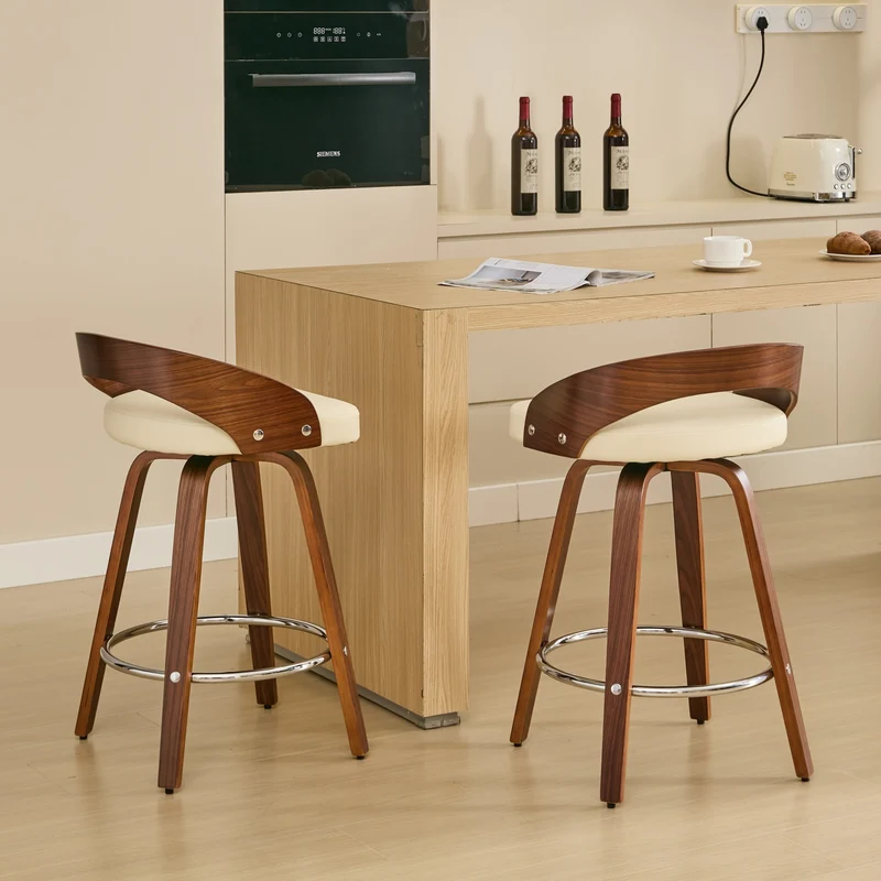 Lot de 2 tabourets de bar style vintage PU blanc crème, dossier arrondi, pivotant et repose pied H63cm QUANTAIV