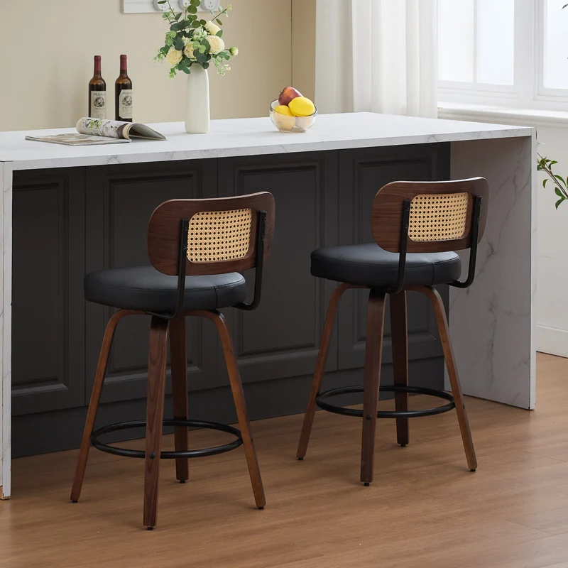 Lot de 2 tabourets de bar style vintage PU noir, dossier en rotin, pivotant et repose pied VIVIDIX