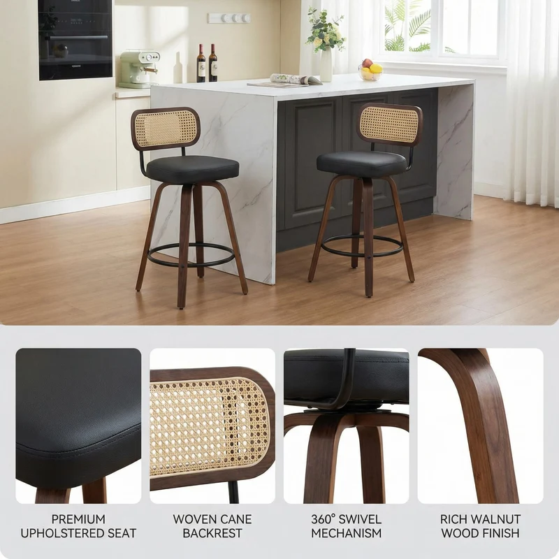 Lot de 2 tabourets de bar style vintage PU noir, dossier en rotin, pivotant et repose pied VIVIDIX
