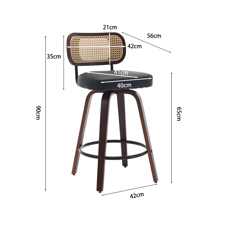 Lot de 2 tabourets de bar style vintage PU noir, dossier en rotin, pivotant et repose pied VIVIDIX