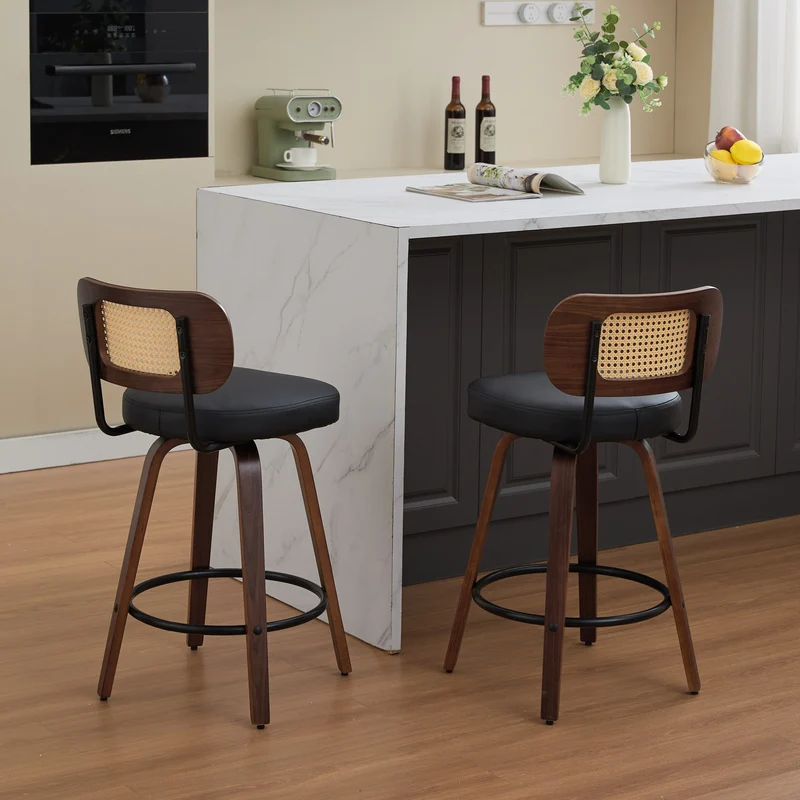 Lot de 2 tabourets de bar style vintage PU noir, dossier en rotin, pivotant et repose pied VIVIDIX