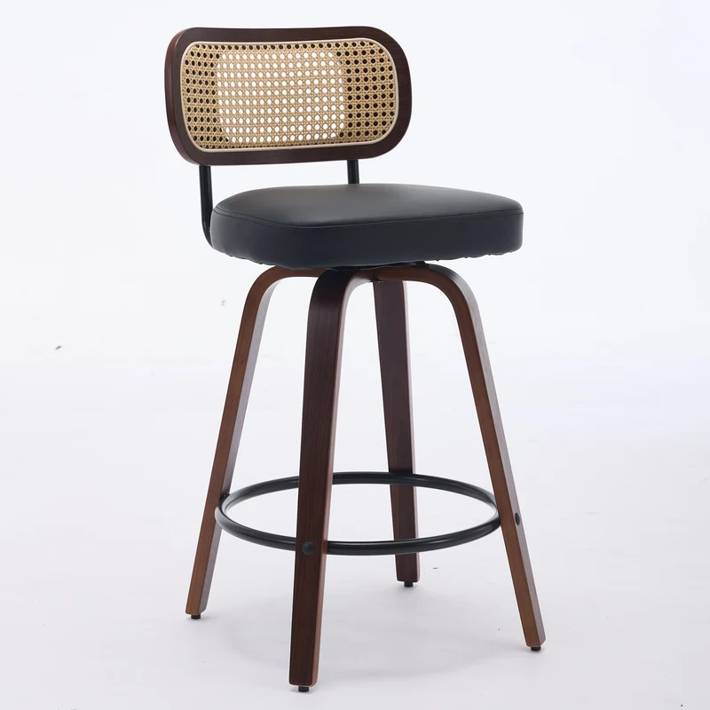 Lot de 2 tabourets de bar style vintage PU noir, dossier en rotin, pivotant et repose pied VIVIDIX