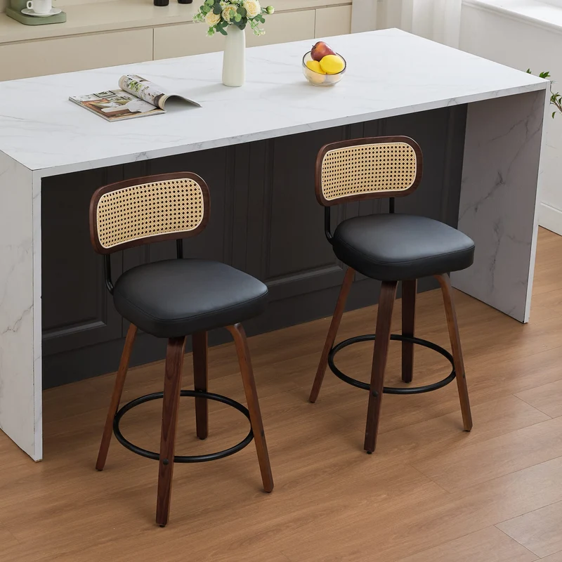 Lot de 2 tabourets de bar style vintage PU noir, dossier en rotin, pivotant et repose pied VIVIDIX