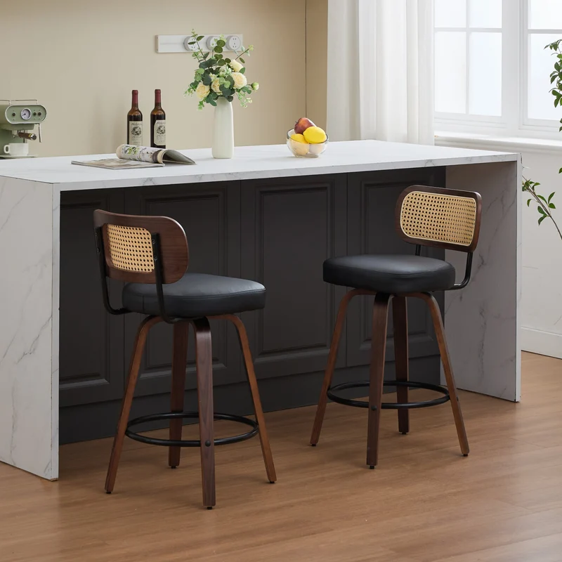 Lot de 2 tabourets de bar style vintage PU noir, dossier en rotin, pivotant et repose pied VIVIDIX