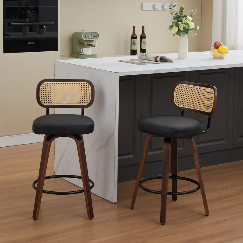 Lot de 2 tabourets de bar style vintage PU noir, dossier en rotin, pivotant et repose pied VIVIDIX