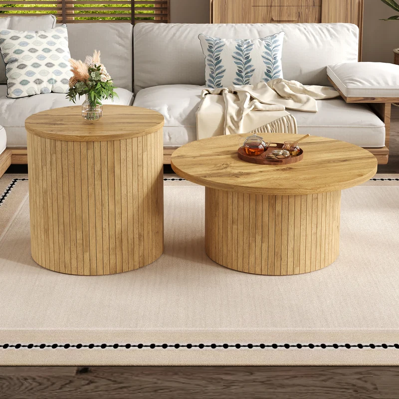 Ensemble de 2 tables basses rondes effet bois naturel base à tasseaux NIMBUSIS