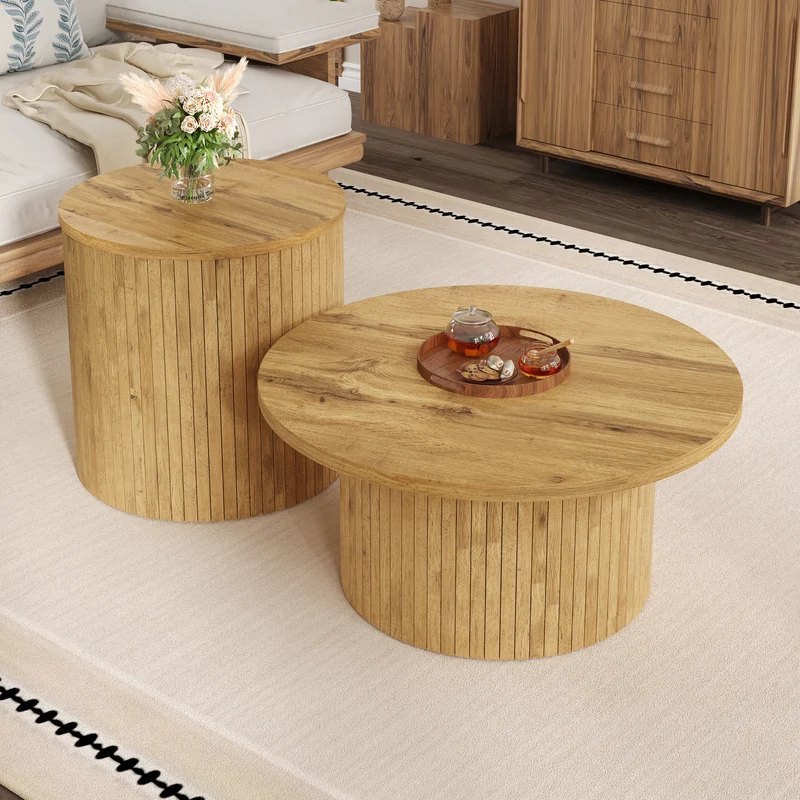 Ensemble de 2 tables basses rondes effet bois naturel base à tasseaux NIMBUSIS