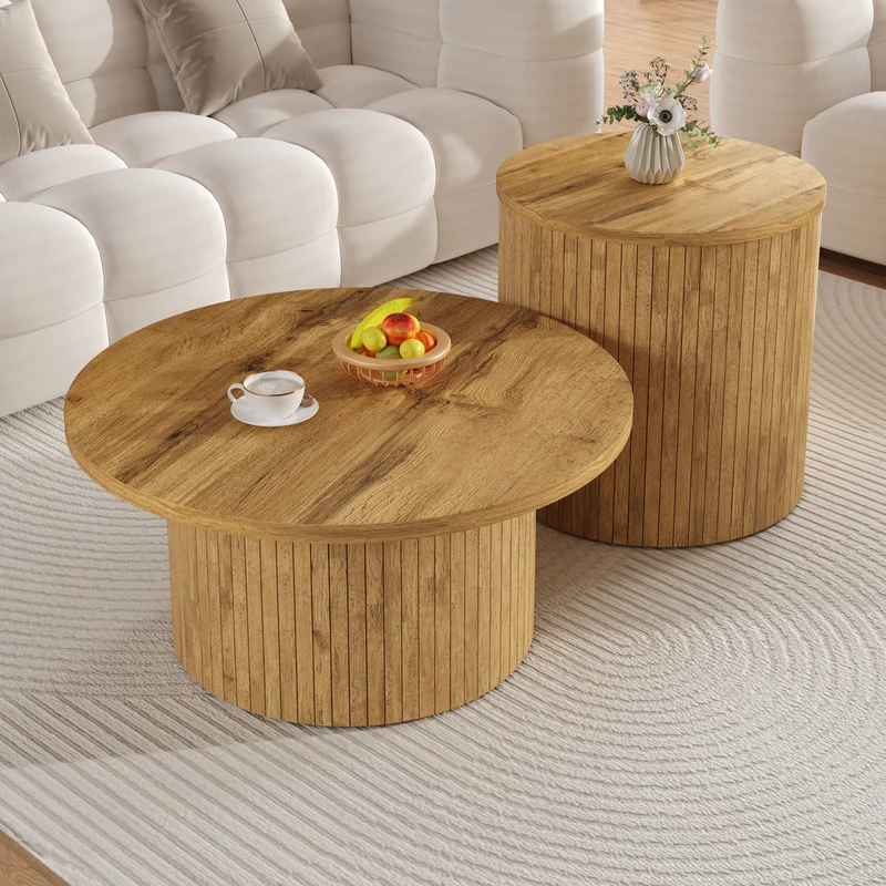 Ensemble de 2 tables basses rondes effet bois naturel base à tasseaux NIMBUSIS
