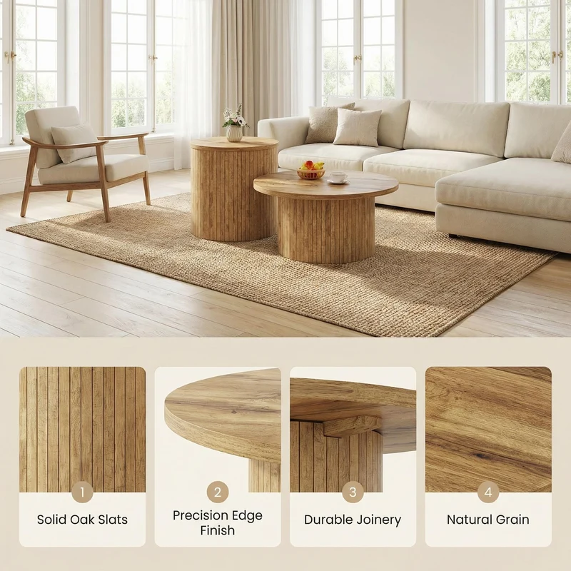 Ensemble de 2 tables basses rondes effet bois naturel base à tasseaux NIMBUSIS