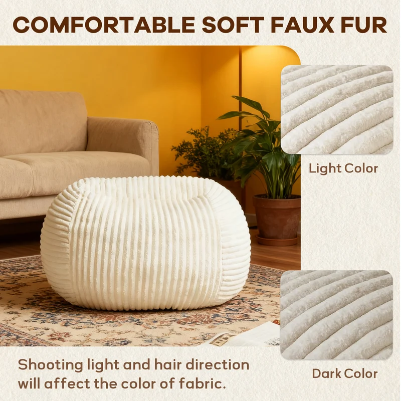 Fauteuil pouf rond en flanelle velours côtelé ultra doux crème 34x34x24cm ECHOITA