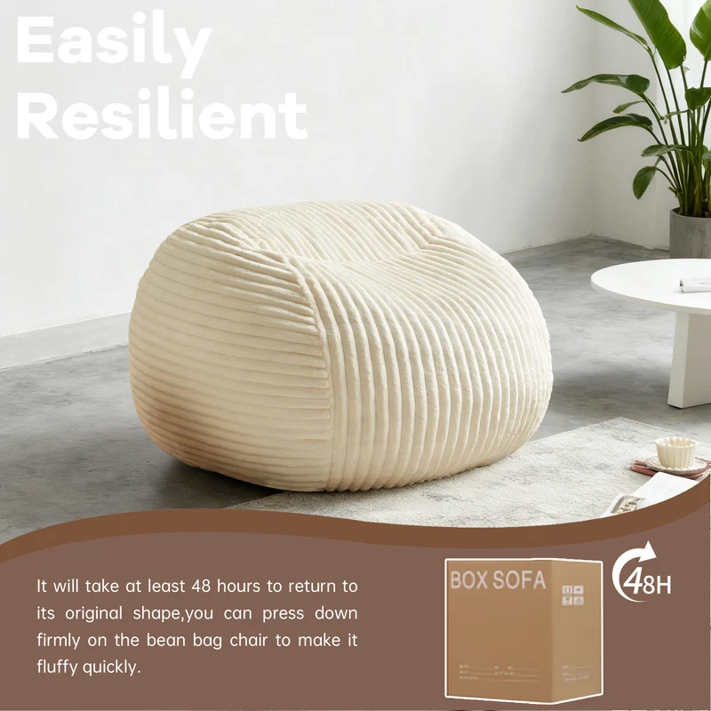 Fauteuil pouf rond en flanelle velours côtelé ultra doux crème 34x34x24cm ECHOITA