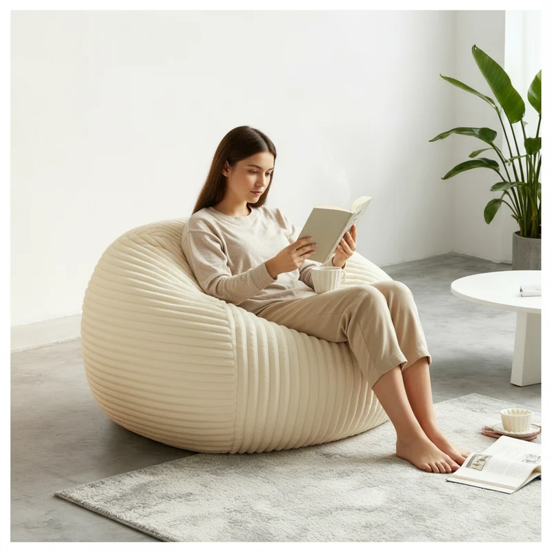Fauteuil pouf rond en flanelle velours côtelé ultra doux crème 34x34x24cm ECHOITA