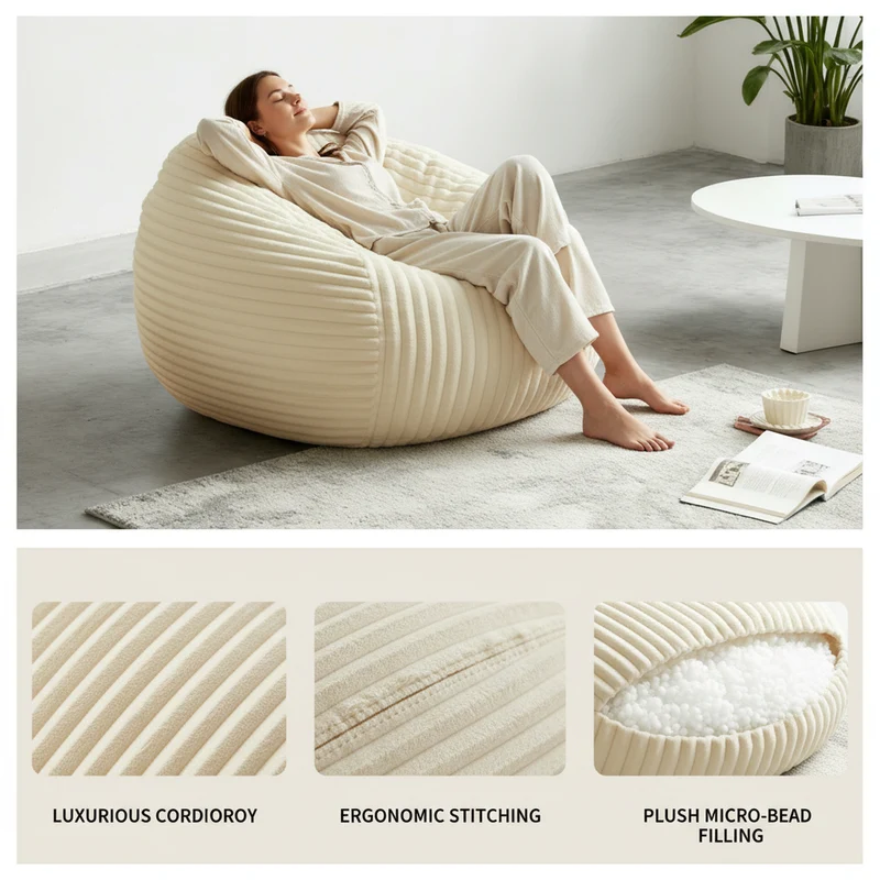 Fauteuil pouf rond en flanelle velours côtelé ultra doux crème 34x34x24cm ECHOITA