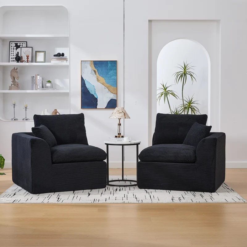 Fauteuil chauffeuse modulable en velours côtelé noir 101x102,5x84cm ZENITHERA