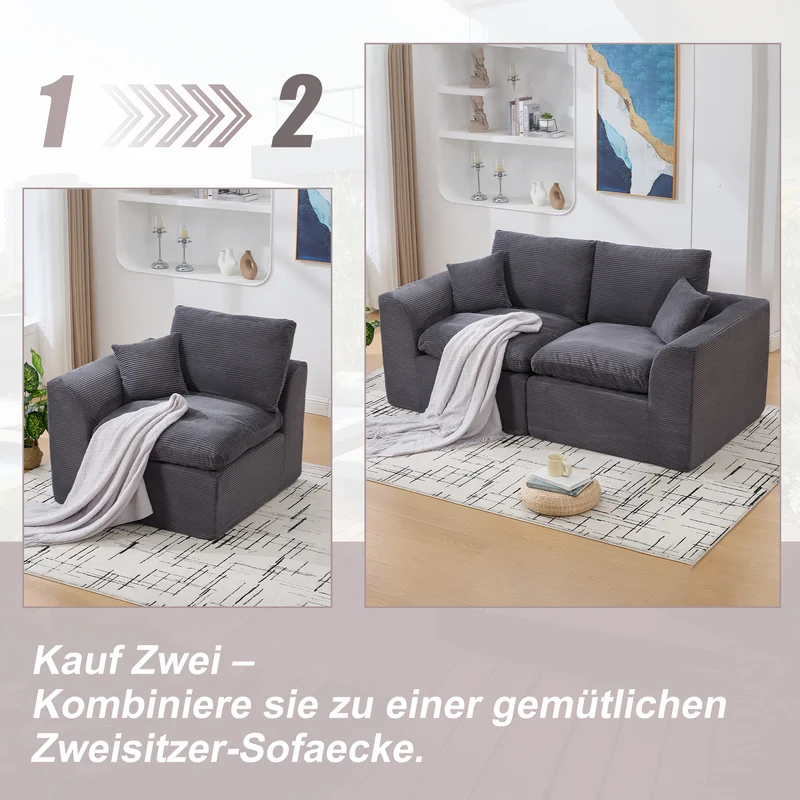 Fauteuil chauffeuse modulable en velours côtelé gris foncé 101x102,5x84cm ZENITHIQUE