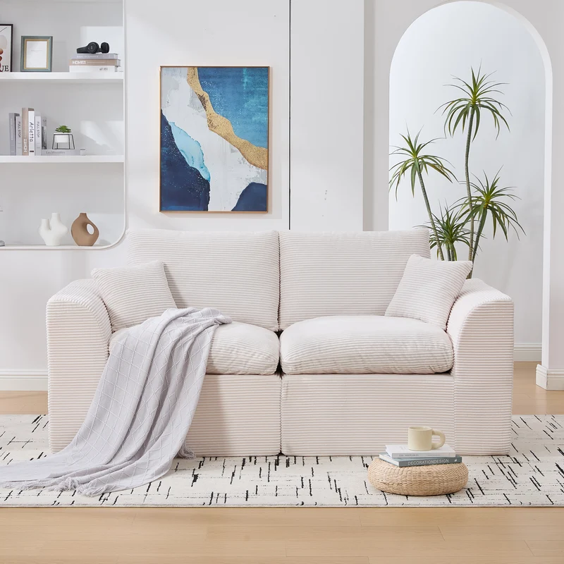 Canapé 2 places en velours côtelé beige 204x102,5x84cm CRESCENTORA