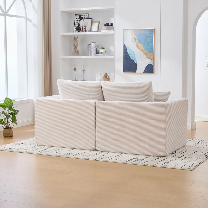 Canapé 2 places en velours côtelé beige 204x102,5x84cm CRESCENTORA