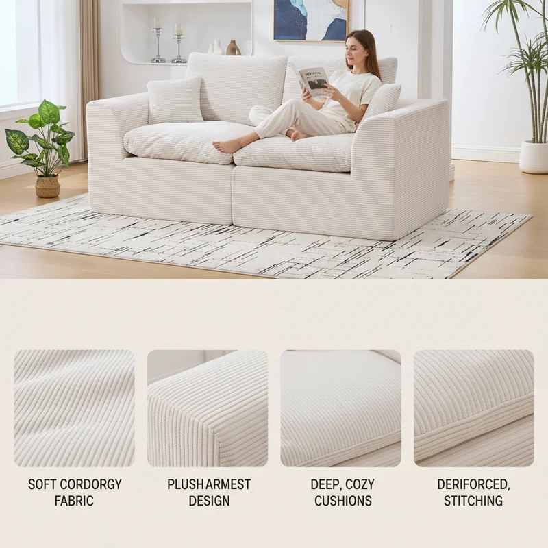 Canapé 2 places en velours côtelé beige 204x102,5x84cm CRESCENTORA